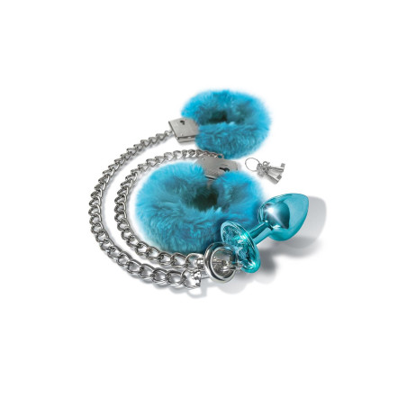 NIXIE METAL BUTT PLUG & FURRY HANDCUFF SET, MEDIUM, BLUE METALLIC
