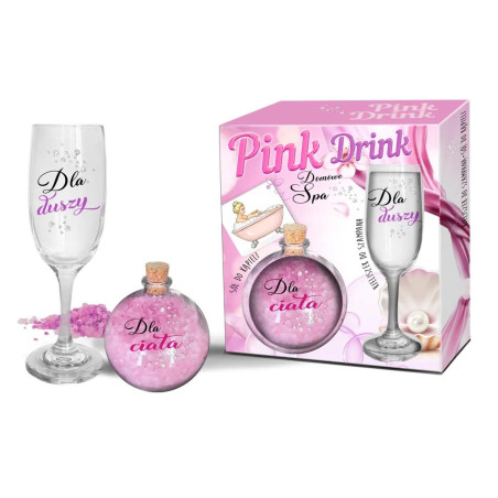 PINK DRINK- Zestaw - kieliszek do szampana i kula z solą do kąpieli - Dla duszy. Dla ciała.
