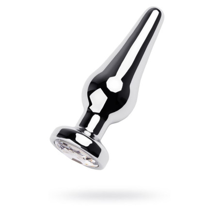 Silver anal plug TOYFA Metal with white round-shaped gem, length 9 cm, diameter 1,5-4 cm, weight 205 gr
