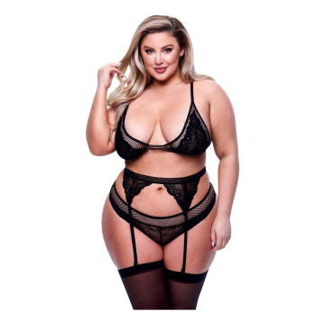 3PC LACE & MESH BRA, GARTER...