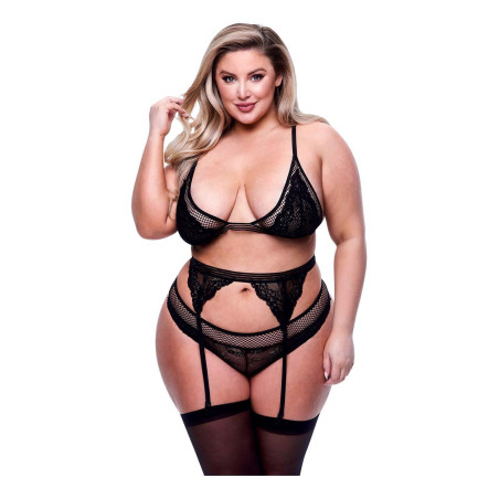 3PC LACE & MESH BRA, GARTER & PANTY SET BLACK, QUEEN