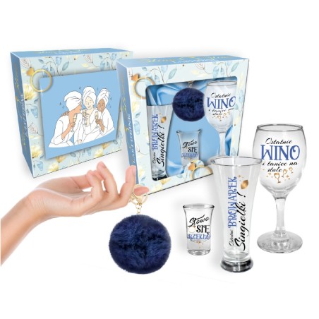 NIEZBĘDNIK PANIEŃSKI-zestaw: szklanka do piwa 300ml, kieliszek do wina 220ml, kieliszek do wódki 35ml + brelok granat
